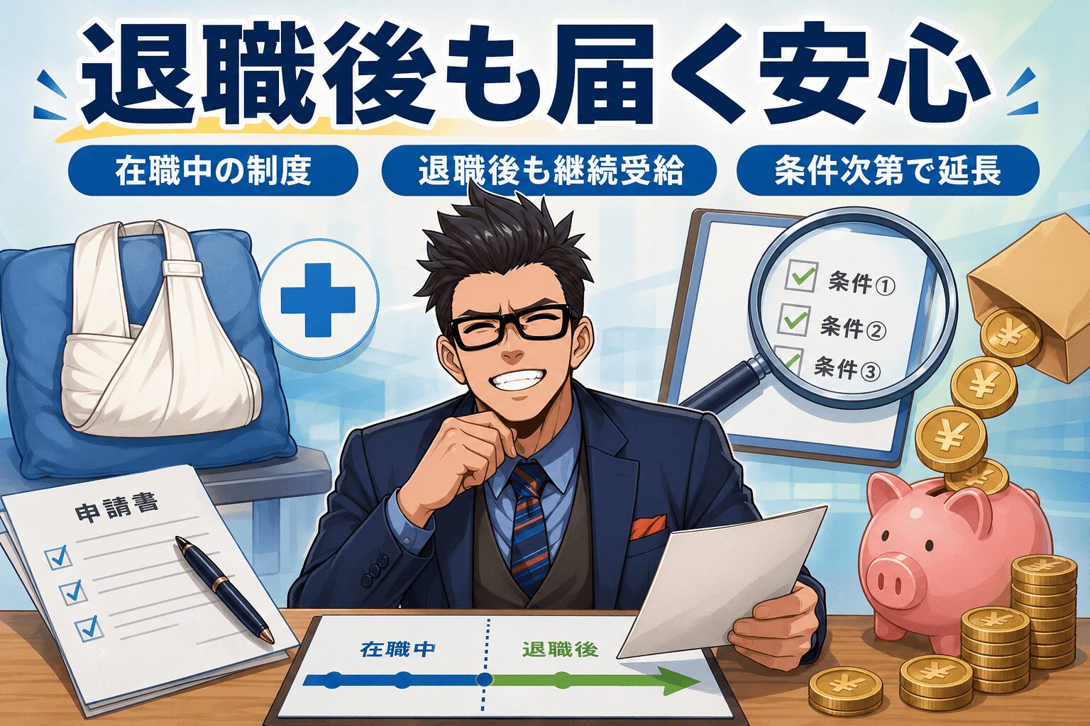 退職後も届く安心について在職中の制度や退職後も継続受給や条件次第で延長などの要素を描いたイラスト