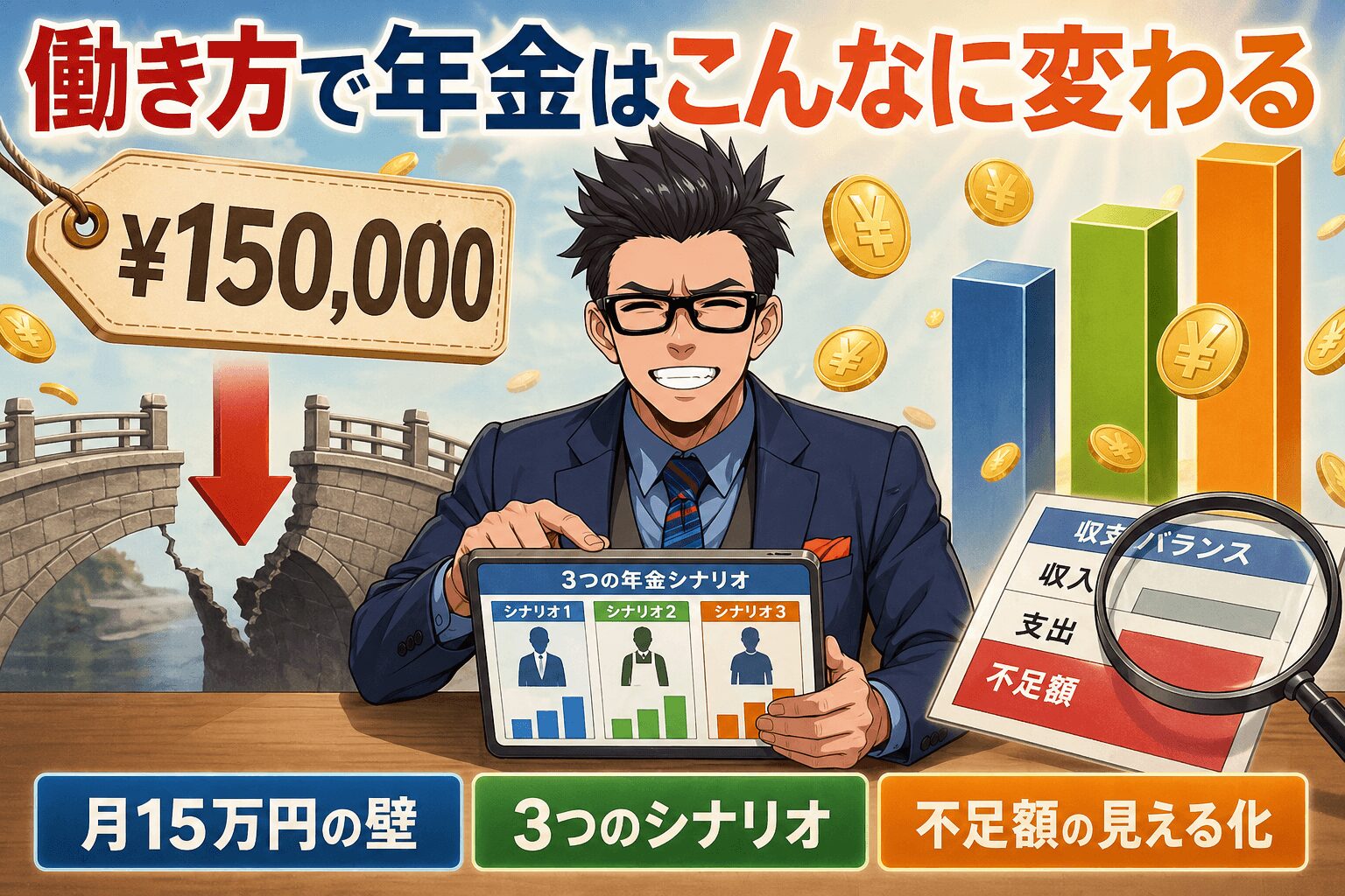 働き方で年金はこんなに変わるについて月15万円の壁や3つのシナリオや不足額の見える化などの要素を描いたイラスト