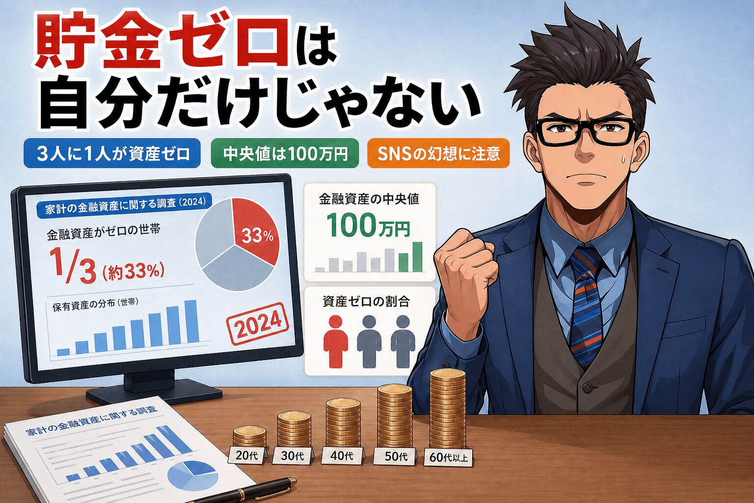 貯金ゼロは自分だけじゃないについて3人に1人が資産ゼロや中央値は100万円やSNSの幻想に注意などの要素を描いたイラスト