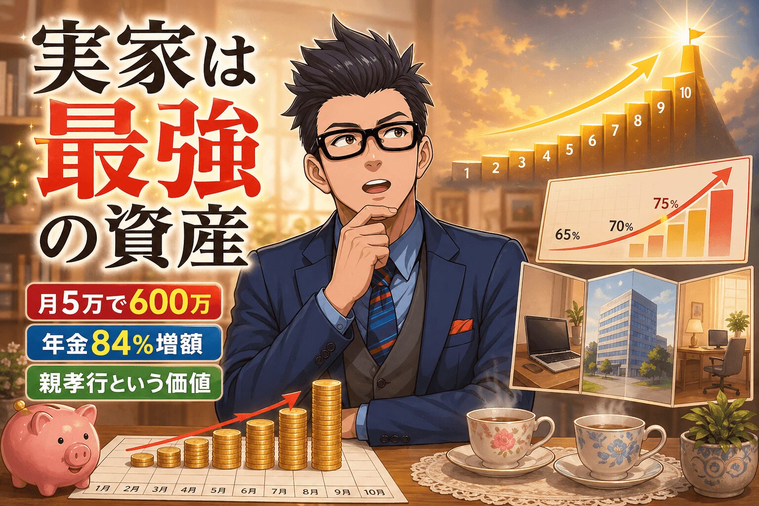 実家は最強の資産について月5万で600万や年金84%増額や親孝行という価値などの要素を描いたイラスト
