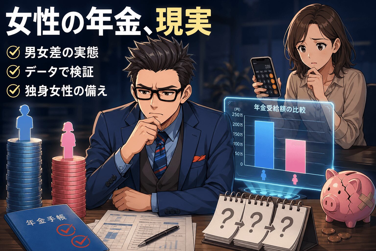 女性の年金、現実について男女差の実態やデータで検証や独身女性の備えなどの要素を描いたイラスト