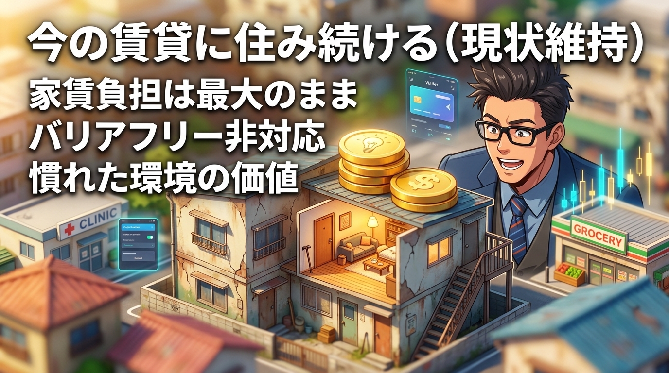 その安心、いつまで続く?について家賃負担は最大のままやバリアフリー非対応や慣れた環境の価値などの要素を描いたイラスト