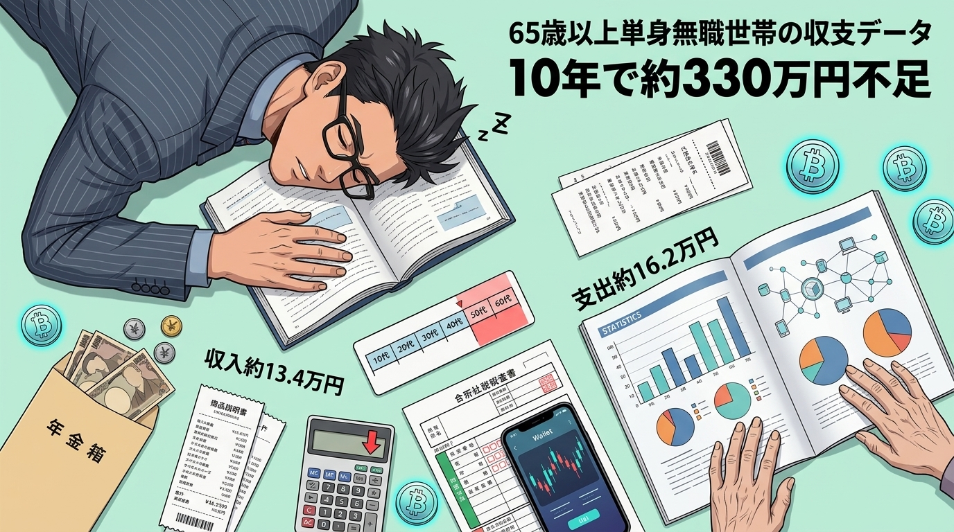 年金だけでは毎月2.8万円足りないについて10年で約330万円不足や収入約13.4万円や支出約16.2万円などの要素を描いたイラスト