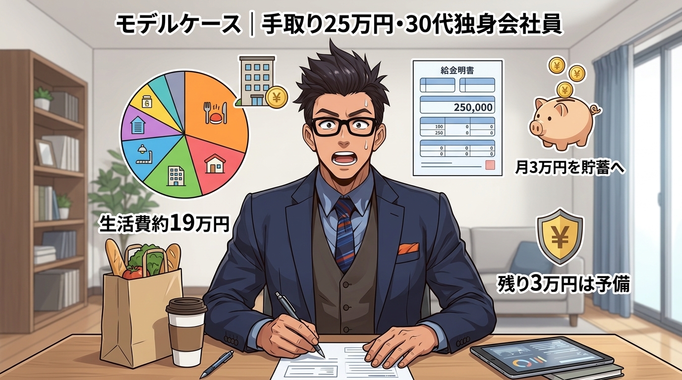 手取り25万円、毎月いくら貯まる?について生活費約19万円や月3万円を貯蓄へや残り3万円は予備などの要素を描いたイラスト
