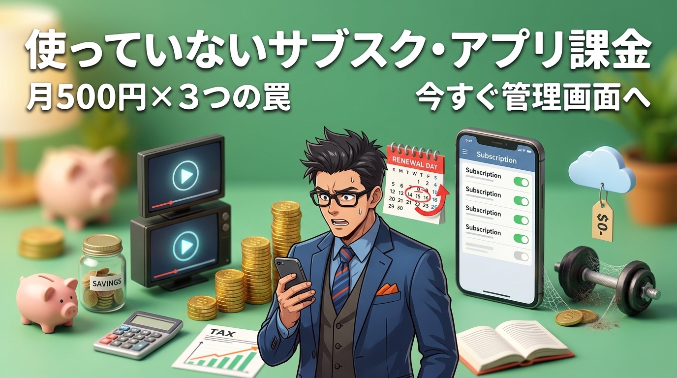 放置サブスク、年18,000円について月500円×3つの罠や今すぐ管理画面へなどの要素を描いたイラスト