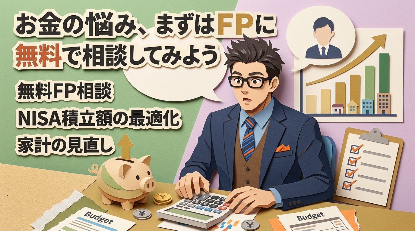 家計の見直し、プロに聞けば道が見えるについて無料FP相談やNISA積立額の最適化や家計の見直しなどの要素を描いたイラスト