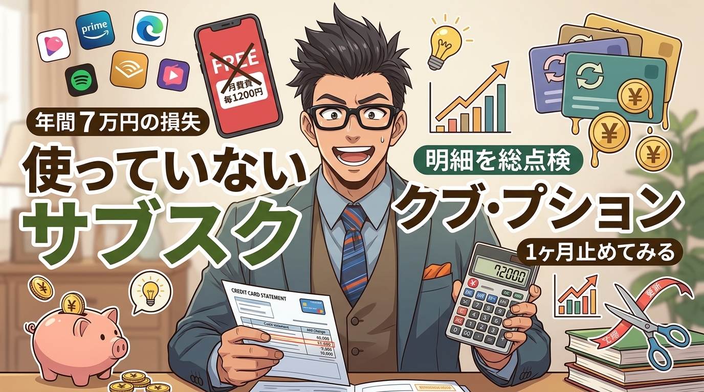 見えない出費について年間7万円の損失や明細を総点検や1ヶ月止めてみるなどの要素を描いたイラスト