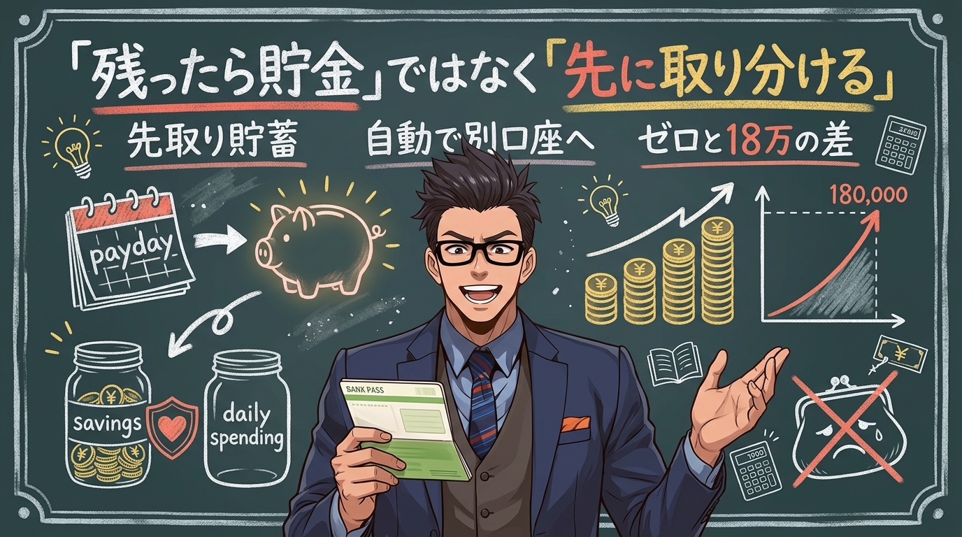 月5,000円が3年で18万円になる仕組みについて先取り貯蓄や自動で別口座へやゼロと18万の差などの要素を描いたイラスト