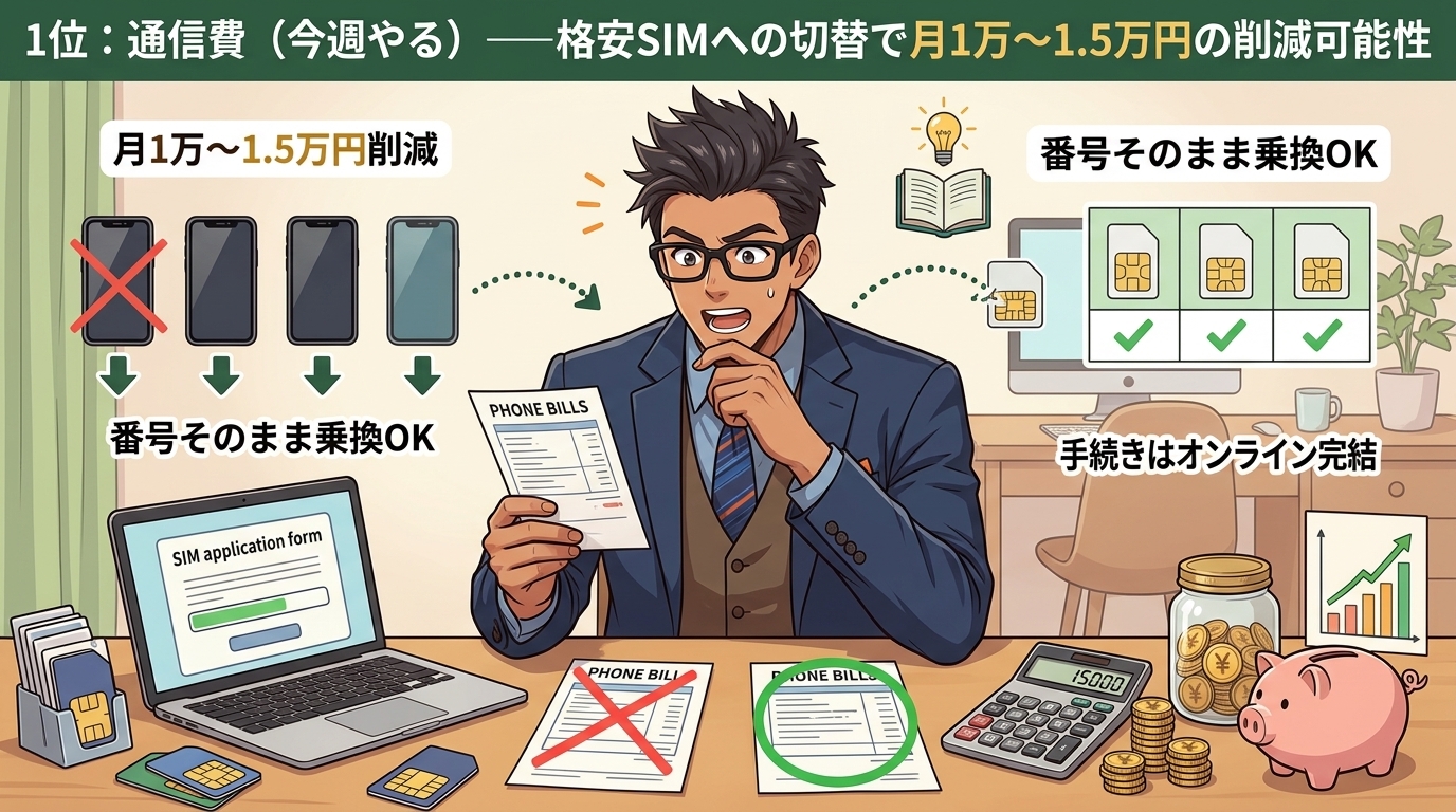 スマホ代、まだ大手に払ってるの?について月1万〜1.5万円削減や番号そのまま乗換OKや手続きはオンライン完結などの要素を描いたイラスト