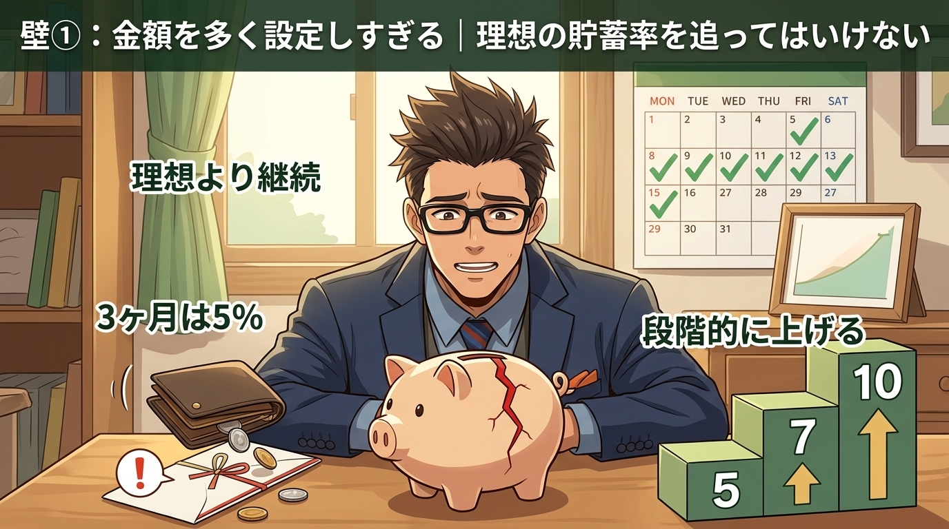 まず5%でいいについて理想より継続や3ヶ月は5%や段階的に上げるなどの要素を描いたイラスト