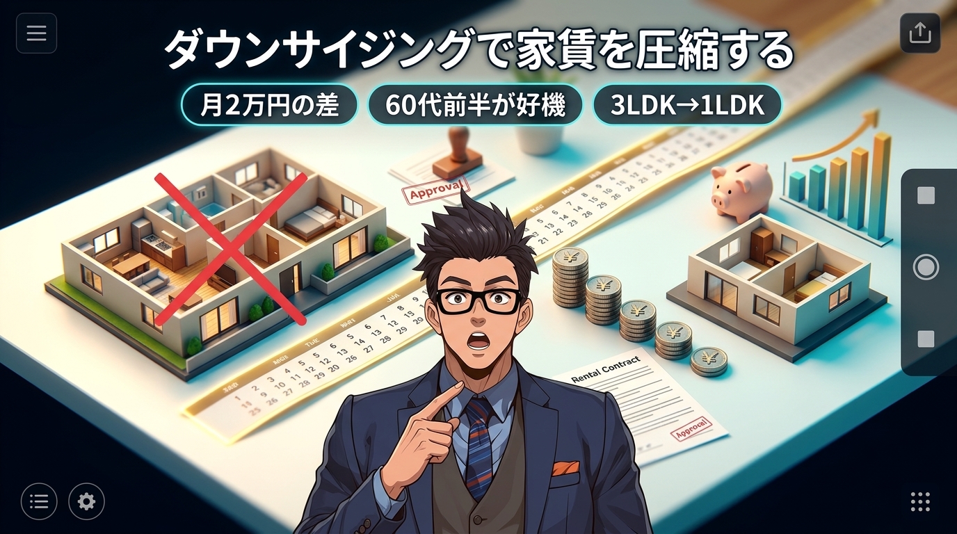 部屋を狭くするだけで720万円について月2万円の差や60代前半が好機や3LDK→1LDKなどの要素を描いたイラスト