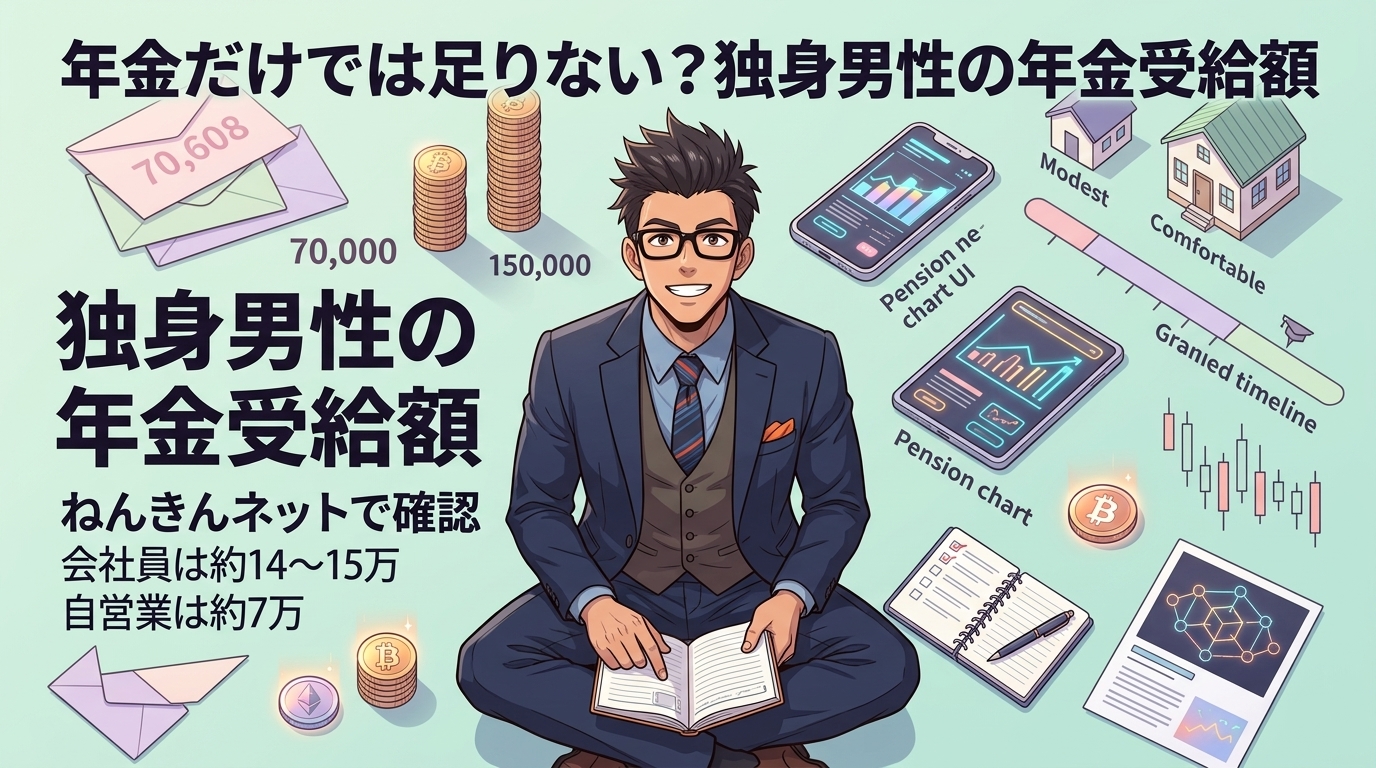 あなたの年金、月7万?月15万?についてねんきんネットで確認や会社員は約14〜15万や自営業は約7万などの要素を描いたイラスト