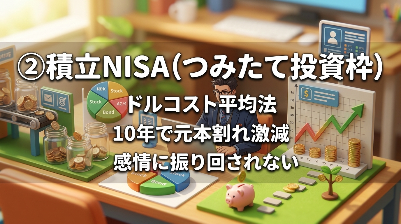 お金を育てる習慣についてドルコスト平均法や10年で元本割れ激減や感情に振り回されないなどの要素を描いたイラスト