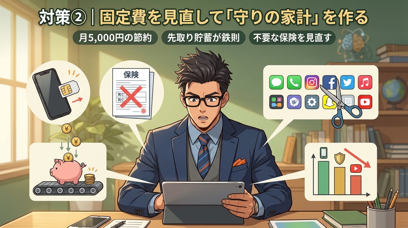 固定費が家計を決めるについて月5,000円の節約や先取り貯蓄が鉄則や不要な保険を見直すなどの要素を描いたイラスト