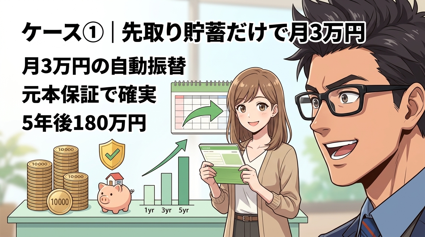 仕組みを作るだけで180万円貯まるについて月3万円の自動振替や元本保証で確実や5年後180万円などの要素を描いたイラスト