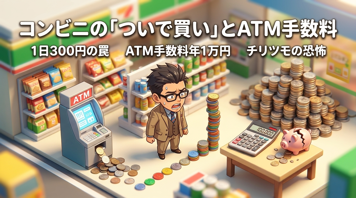 小銭が10万円に化けるについて1日300円の罠やATM手数料年1万円やチリツモの恐怖などの要素を描いたイラスト