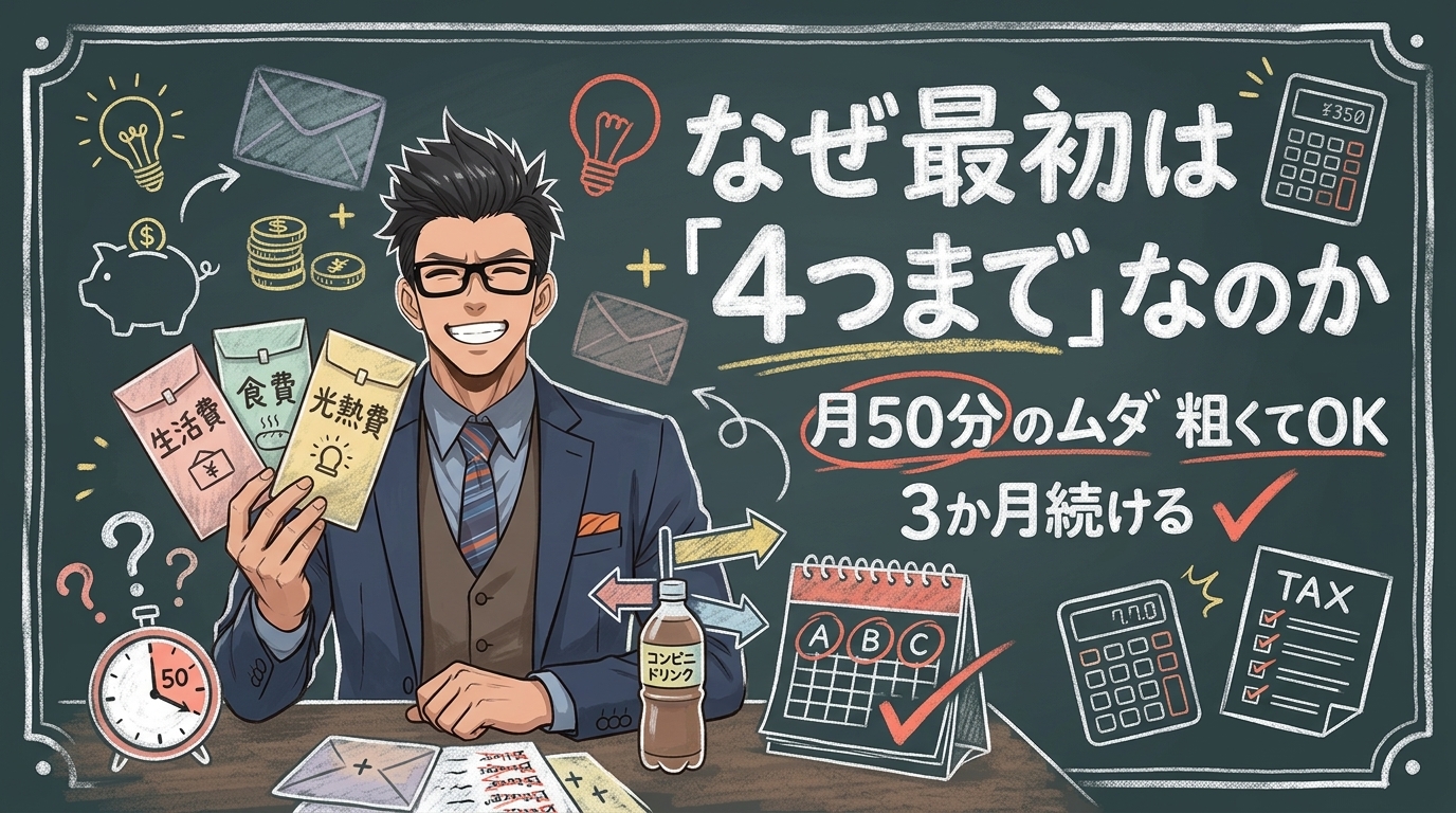 まず4つだけについて月50分のムダや3か月続けるや粗くてOKなどの要素を描いたイラスト