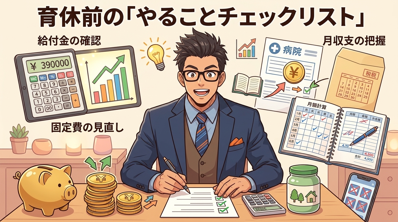 産休前にこれだけは終わらせて!について給付金の確認や固定費の見直しや月収支の把握などの要素を描いたイラスト