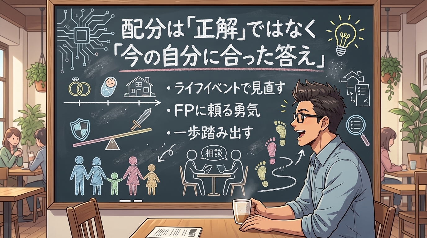正解を探すより、今の自分を知ることについてライフイベントで見直すやFPに頼る勇気や一歩踏み出すなどの要素を描いたイラスト
