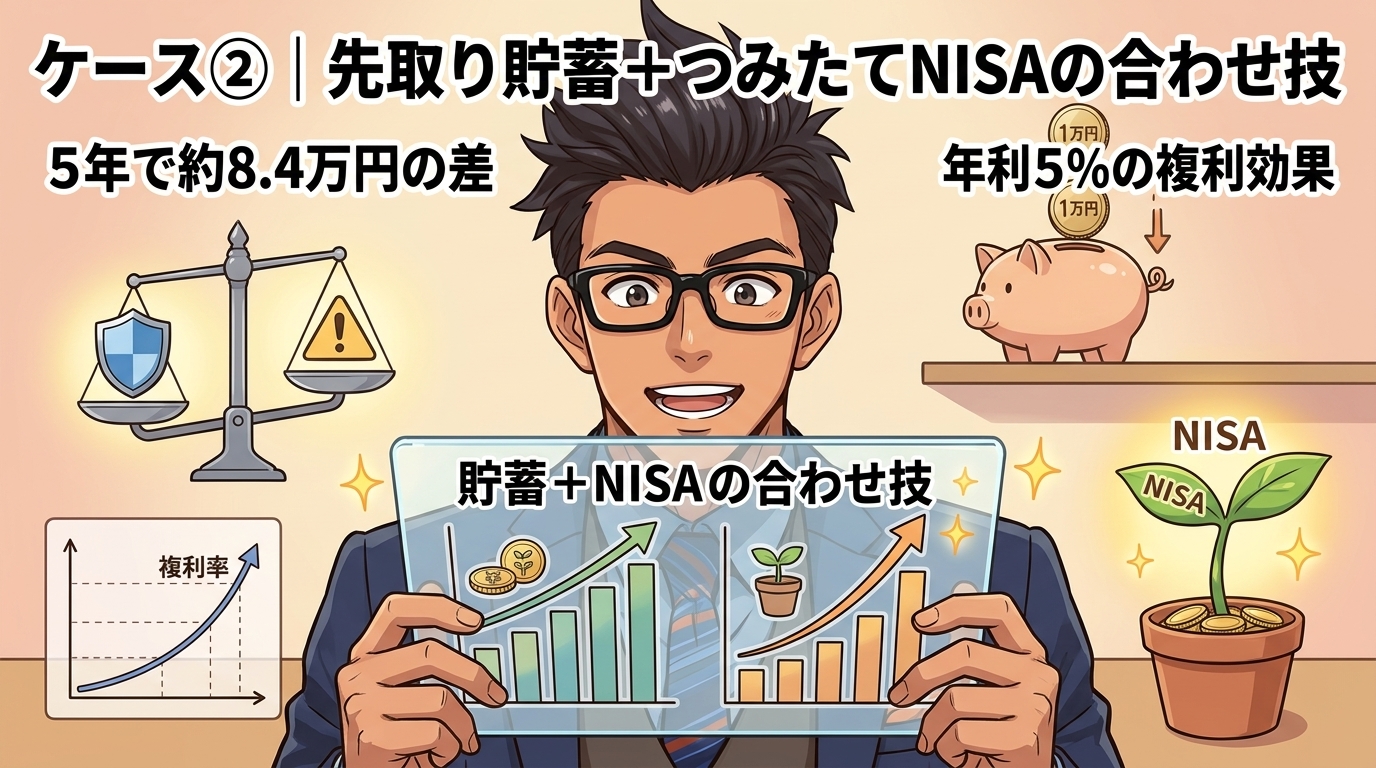 月3万円で差がつく複利のチカラについて5年で約8.4万円の差や貯蓄+NISAの合わせ技や年利5%の複利効果などの要素を描いたイラスト