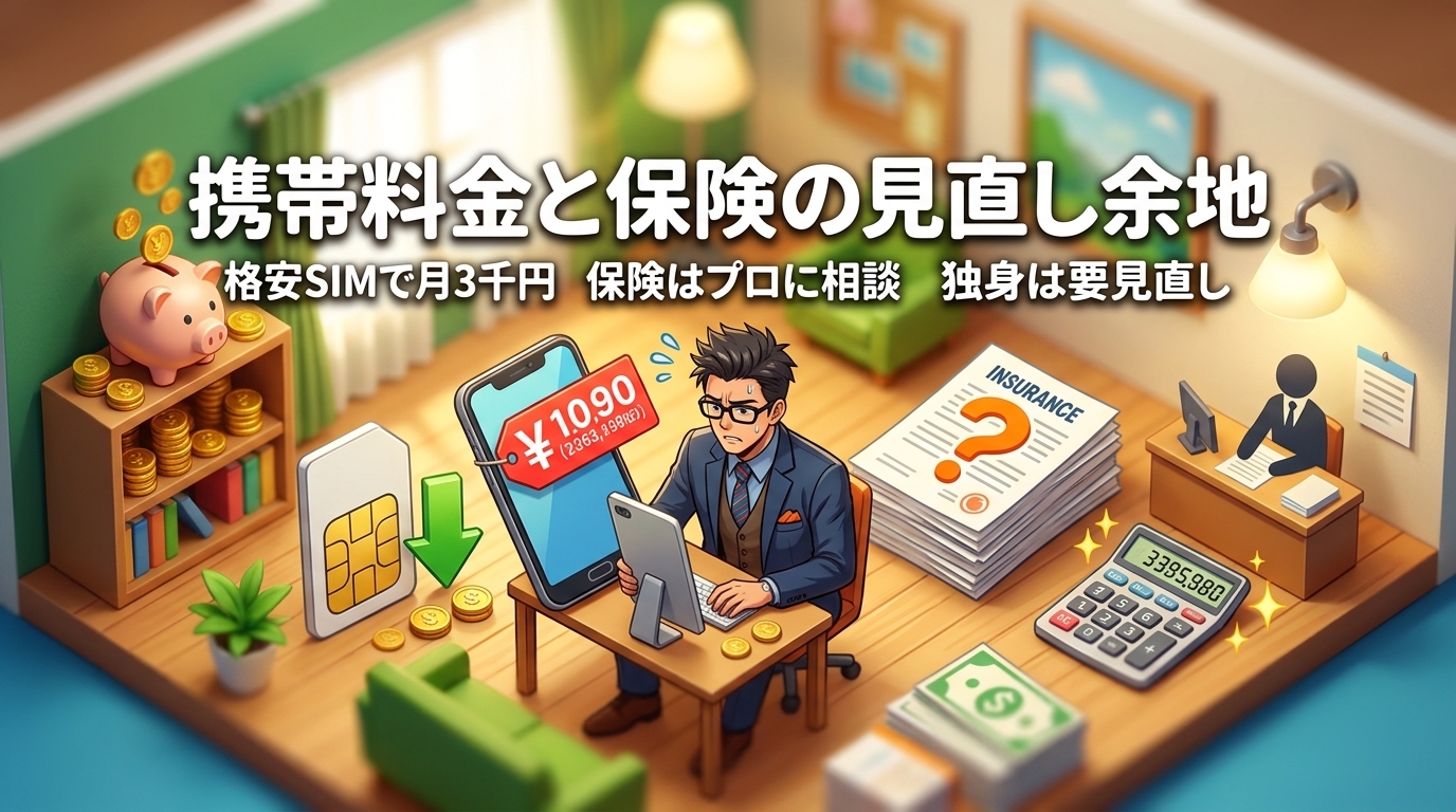 年8万円の差について格安SIMで月3千円や保険はプロに相談や独身は要見直しなどの要素を描いたイラスト