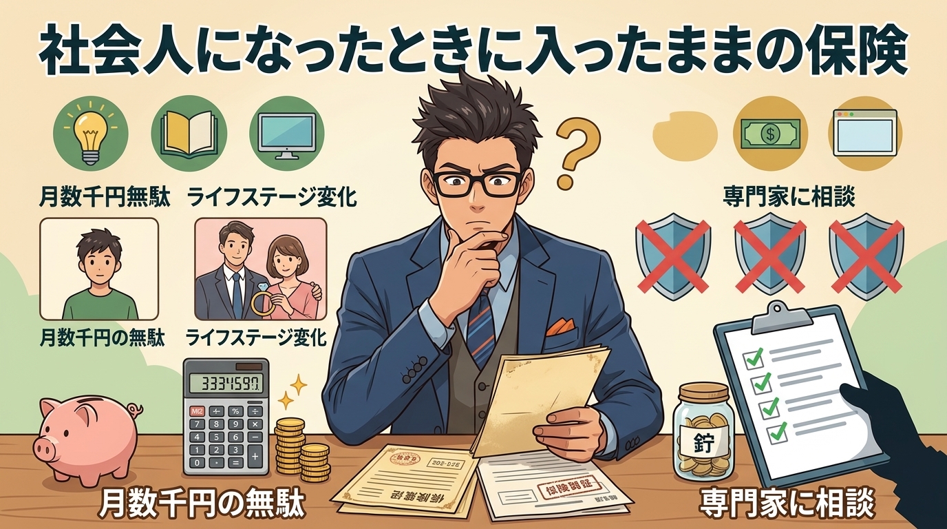 その保険、昔のまま?について月数千円の無駄やライフステージ変化や専門家に相談などの要素を描いたイラスト