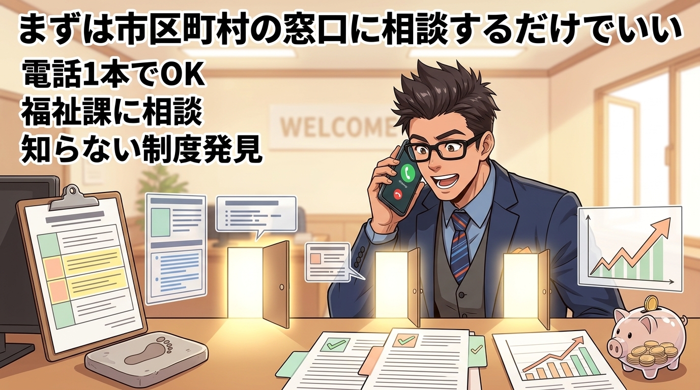 聞くだけでいいについて電話1本でOKや福祉課に相談や知らない制度発見などの要素を描いたイラスト