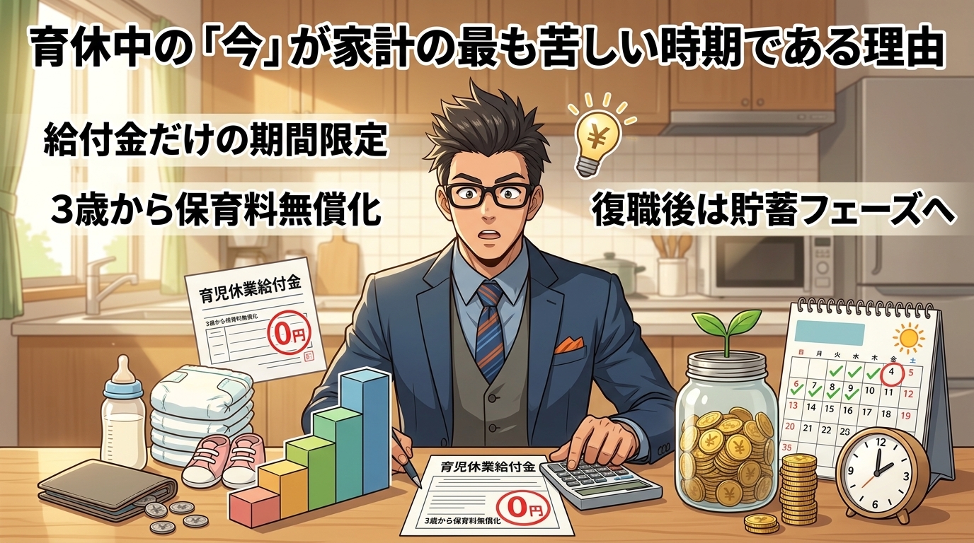 今が一番キツい、でもここが底だについて給付金だけの期間限定や3歳から保育料無償化や復職後は貯蓄フェーズへなどの要素を描いたイラスト