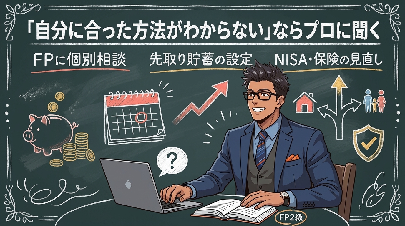 お金の最適解は、人それぞれ違うについてFPに個別相談や先取り貯蓄の設定やNISA・保険の見直しなどの要素を描いたイラスト