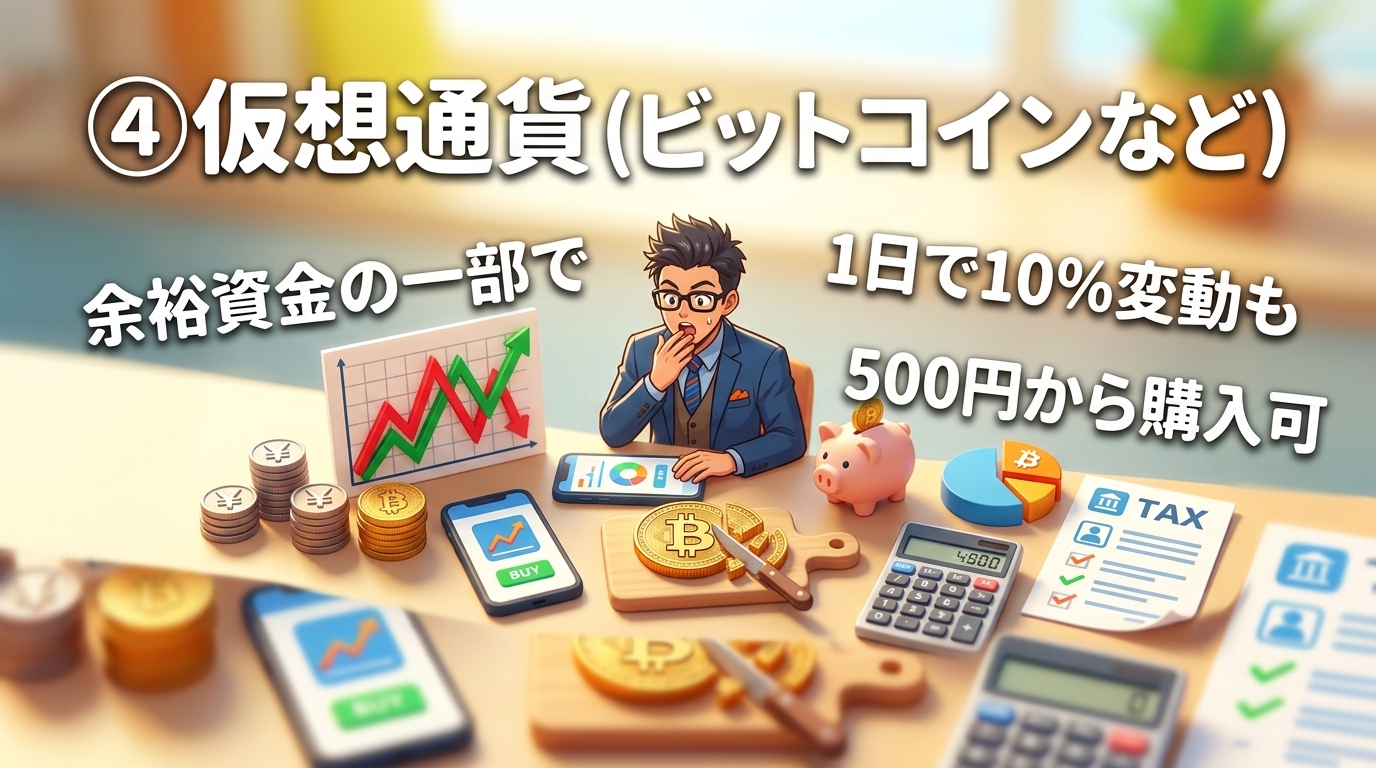 数百円から買えるについて余裕資金の一部でや1日で10%変動もや500円から購入可などの要素を描いたイラスト