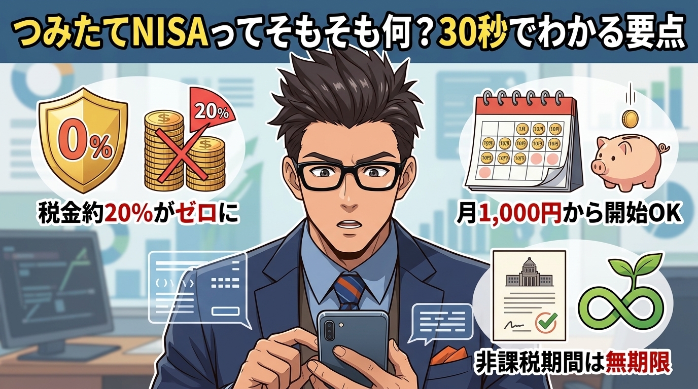 投資の利益が非課税って本当?について税金約20%がゼロにや月1,000円から開始OKや非課税期間は無期限などの要素を描いたイラスト