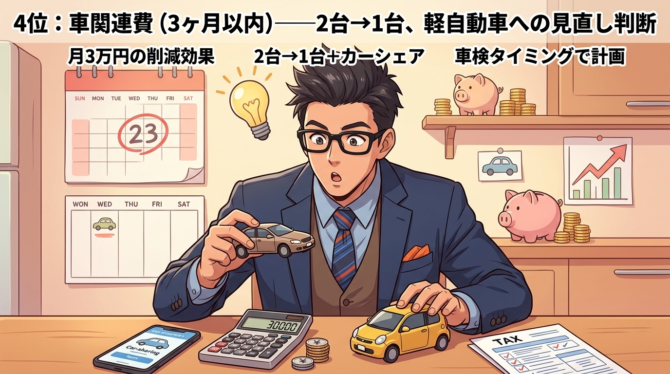 その車、週に何回乗ってますか?について月3万円の削減効果や2台→1台+カーシェアや車検タイミングで計画などの要素を描いたイラスト