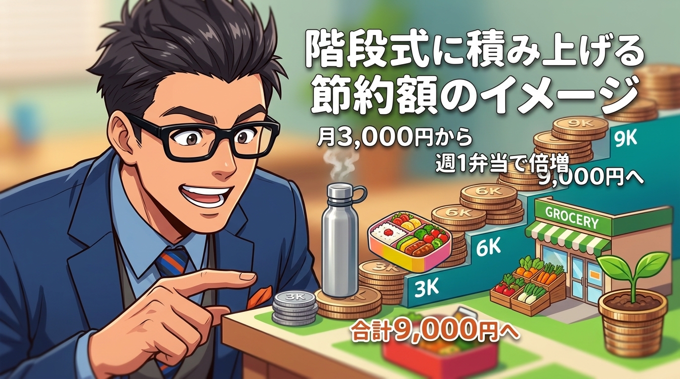 1つずつ、積み上がるについて月3,000円からや週1弁当で倍増や合計9,000円へなどの要素を描いたイラスト