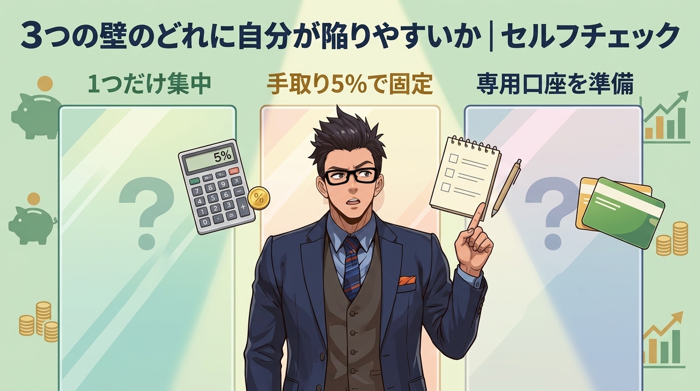 あなたの壁はどれ?について1つだけ集中や手取り5%で固定や専用口座を準備などの要素を描いたイラスト