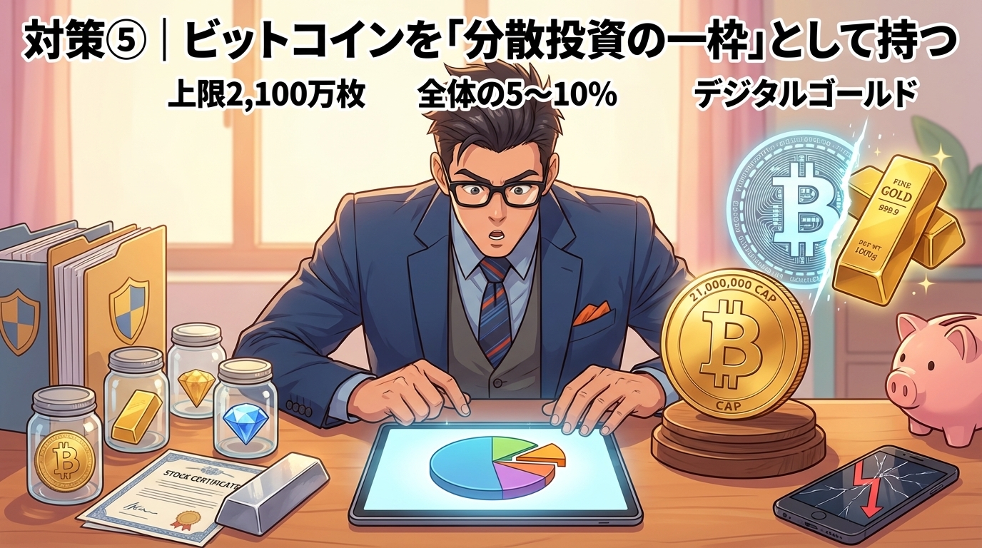 守りの一枠について上限2,100万枚や全体の5〜10%やデジタルゴールドなどの要素を描いたイラスト