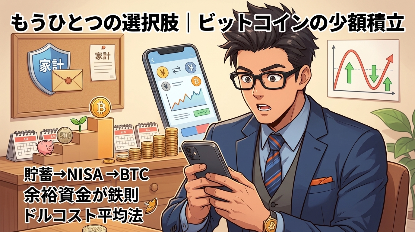 500円から始める第三の資産形成について貯蓄→NISA→BTCや余裕資金が鉄則やドルコスト平均法などの要素を描いたイラスト