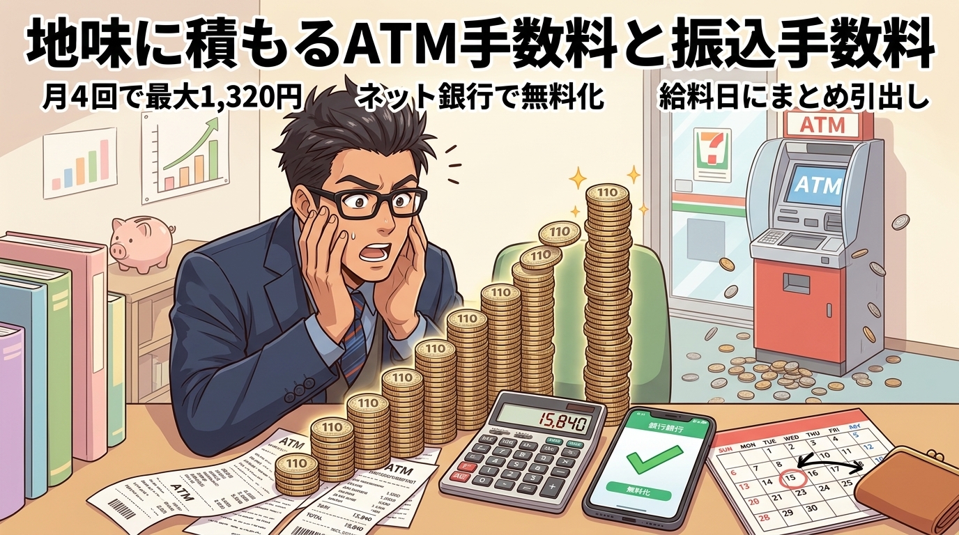 塵も積もれば年1.5万円について月4回で最大1,320円やネット銀行で無料化や給料日にまとめ引出しなどの要素を描いたイラスト