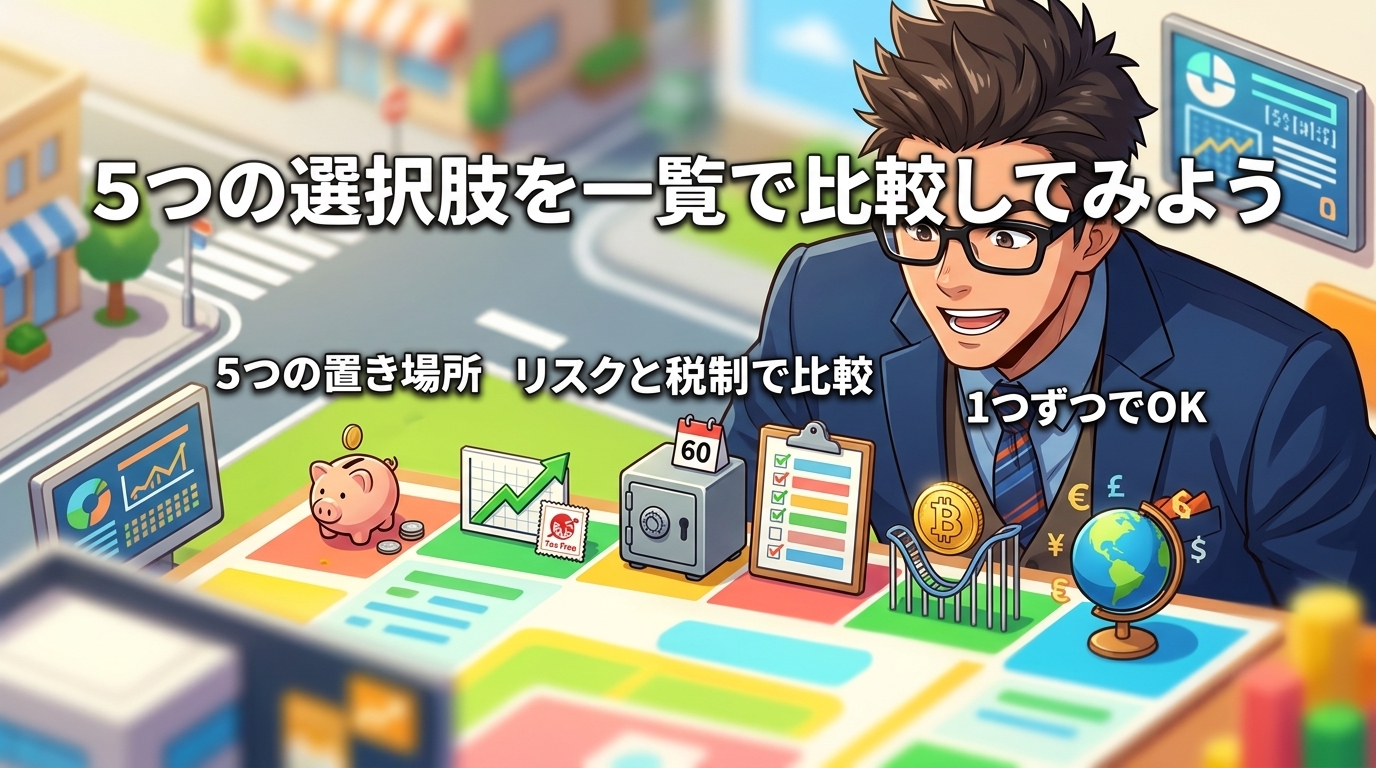 貯金だけじゃないについて5つの置き場所やリスクと税制で比較や1つずつでOKなどの要素を描いたイラスト