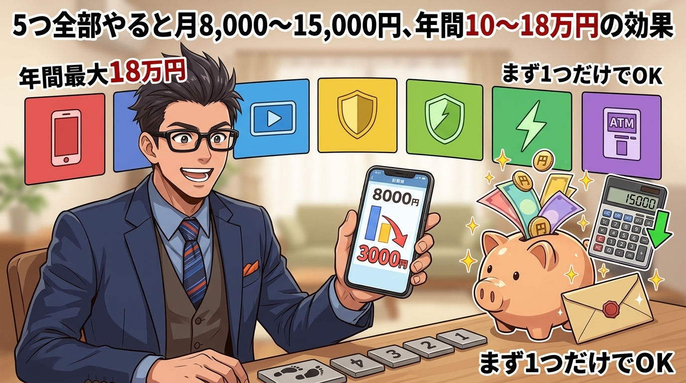 月1万円が勝手に浮く仕組みについて年間最大18万円や携帯見直しが最強やまず1つだけでOKなどの要素を描いたイラスト
