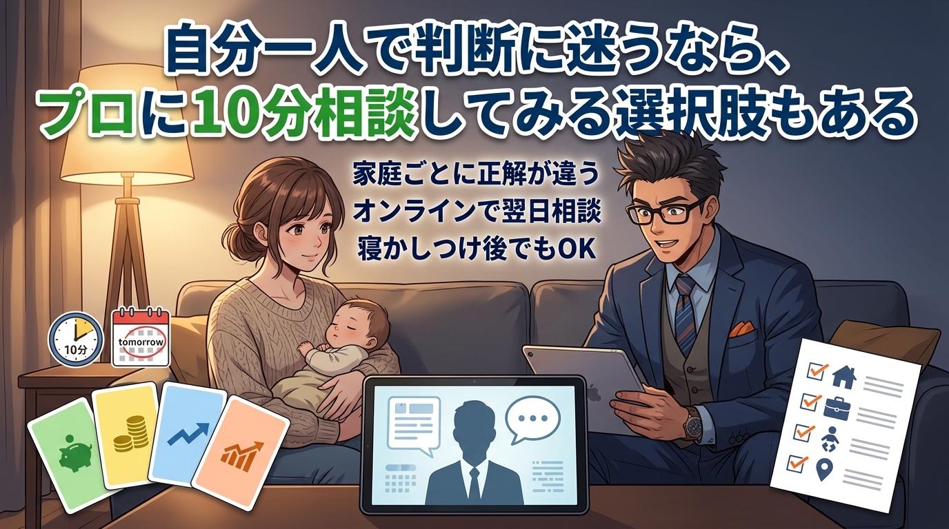 悩む時間がもったいない、プロの10分について家庭ごとに正解が違うやオンラインで翌日相談や寝かしつけ後でもOKなどの要素を描いたイラスト