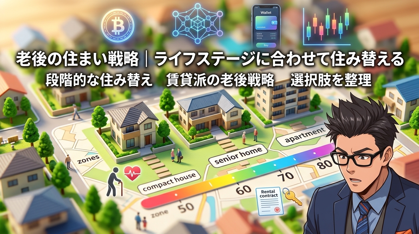 住まいは何度でも変えていいについて段階的な住み替えや賃貸派の老後戦略や選択肢を整理などの要素を描いたイラスト