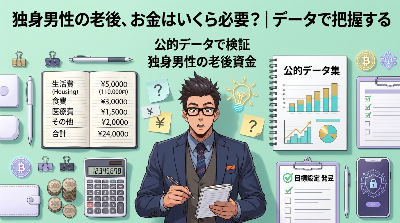 数字がわかれば不安は消えるについて公的データで検証や独身男性の老後資金などの要素を描いたイラスト