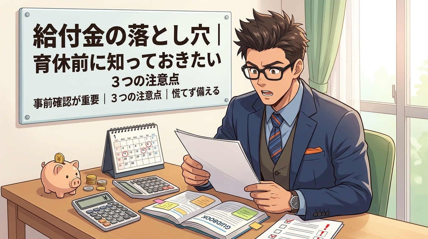 知らなきゃ損する育休給付金の落とし穴について事前確認が重要や3つの注意点や慌てず備えるなどの要素を描いたイラスト