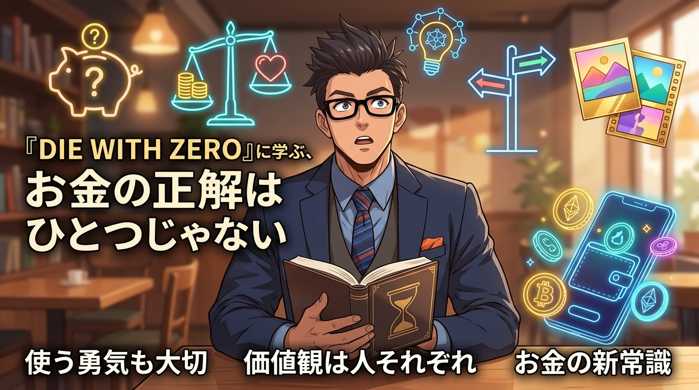 貯めるだけが正解じゃなかったについて使う勇気も大切や価値観は人それぞれやお金の新常識などの要素を描いたイラスト