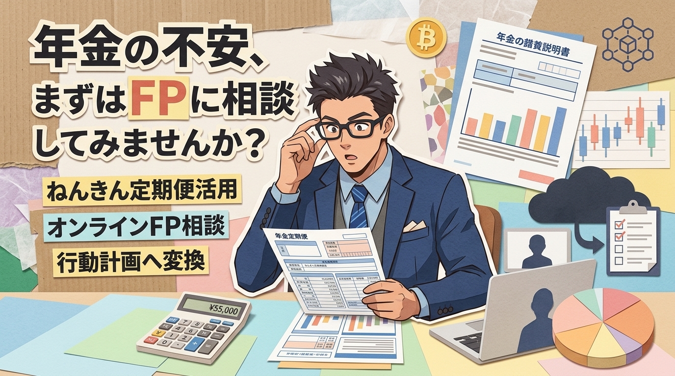 不安を数字に変えるについてねんきん定期便活用やオンラインFP相談や行動計画へ変換などの要素を描いたイラスト