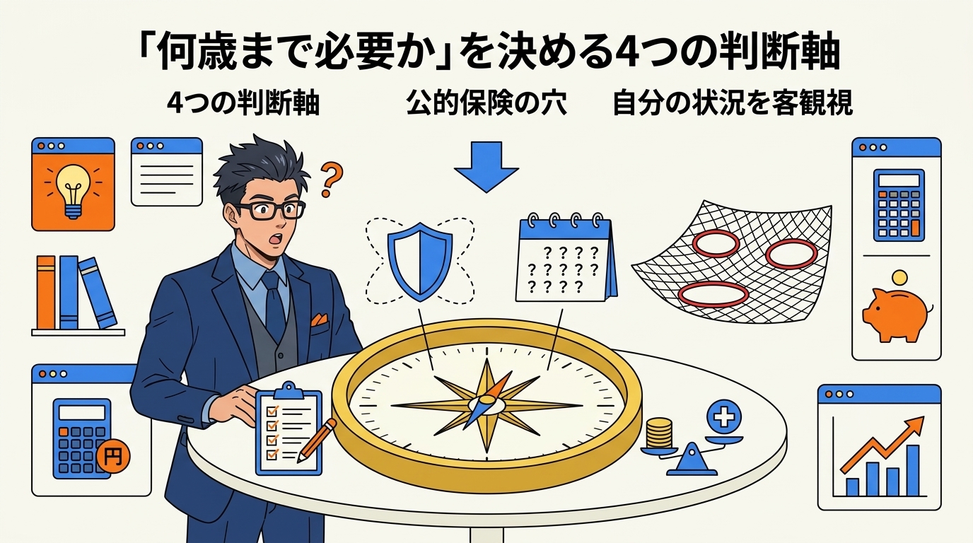 年齢では決められないについて4つの判断軸や公的保険の穴や自分の状況を客観視などの要素を描いたイラスト