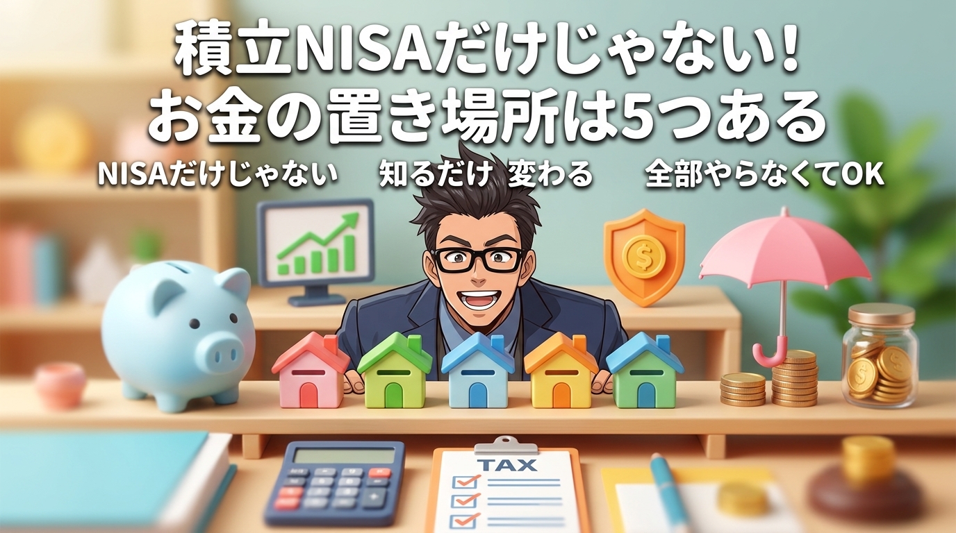 5つの置き場所についてNISAだけじゃないや知るだけで変わるや全部やらなくてOKなどの要素を描いたイラスト