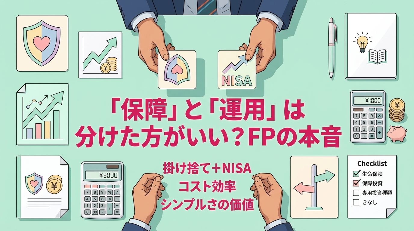 まとめるか、分けるか。答えは一つじゃないについて掛け捨て+NISAやコスト効率やシンプルさの価値などの要素を描いたイラスト