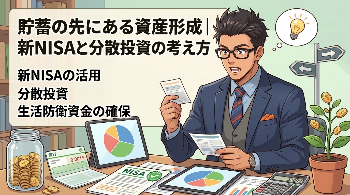 貯蓄から資産形成へについて新NISAの活用や分散投資や生活防衛資金の確保などの要素を描いたイラスト