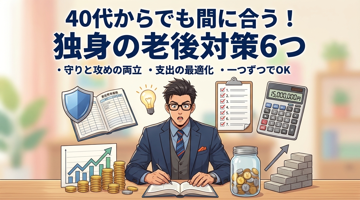 まだ間に合うについて守りと攻めの両立や支出の最適化や一つずつでOKなどの要素を描いたイラスト